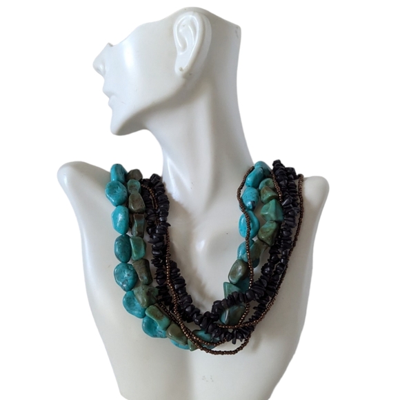 Turquoise Necklace Choker Multi Strand Boho Beaded Tribal Collar - Picture 1 of 8